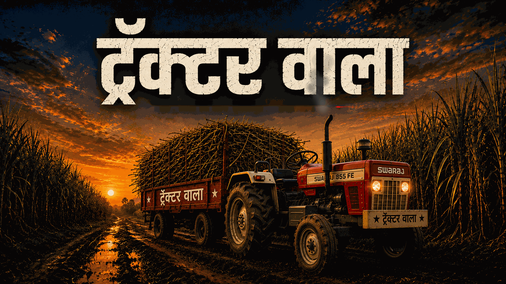 Animated scene of a sugarcane-loaded tractor and trailer moving through cane fields at sunset